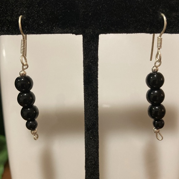 NWOT - Black Onyx Triple Ball Beaded Long Drop Style Mexican Silver Earrings - Picture 8 of 9